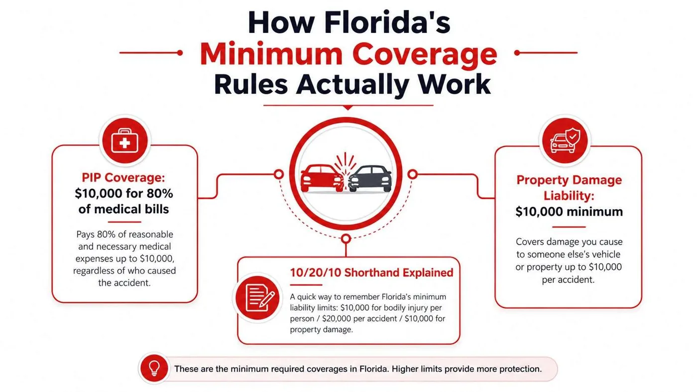 An infographic detailing Florida auto insurance minimum requirements including PIP, Property Damage Liability, and 10/20/10 liability limits.