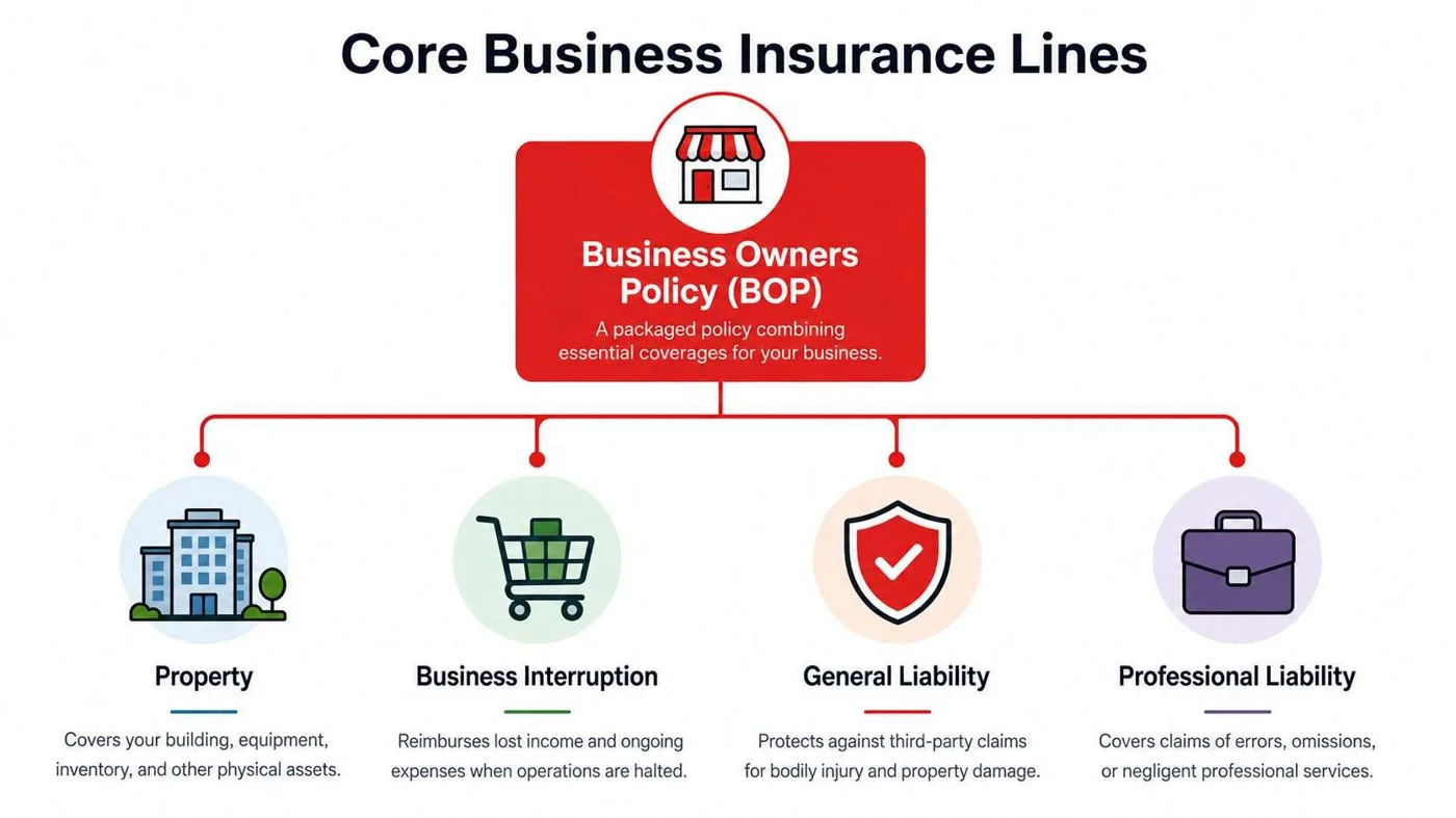A diagram illustrating a Business Owners Policy (BOP) and its four core components: property, business interruption, general liability, and professional liability insurance.