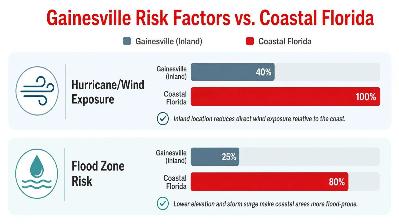 A comparison chart showing Gainesville inland risk factors versus coastal Florida for hurricane wind and flood zone.