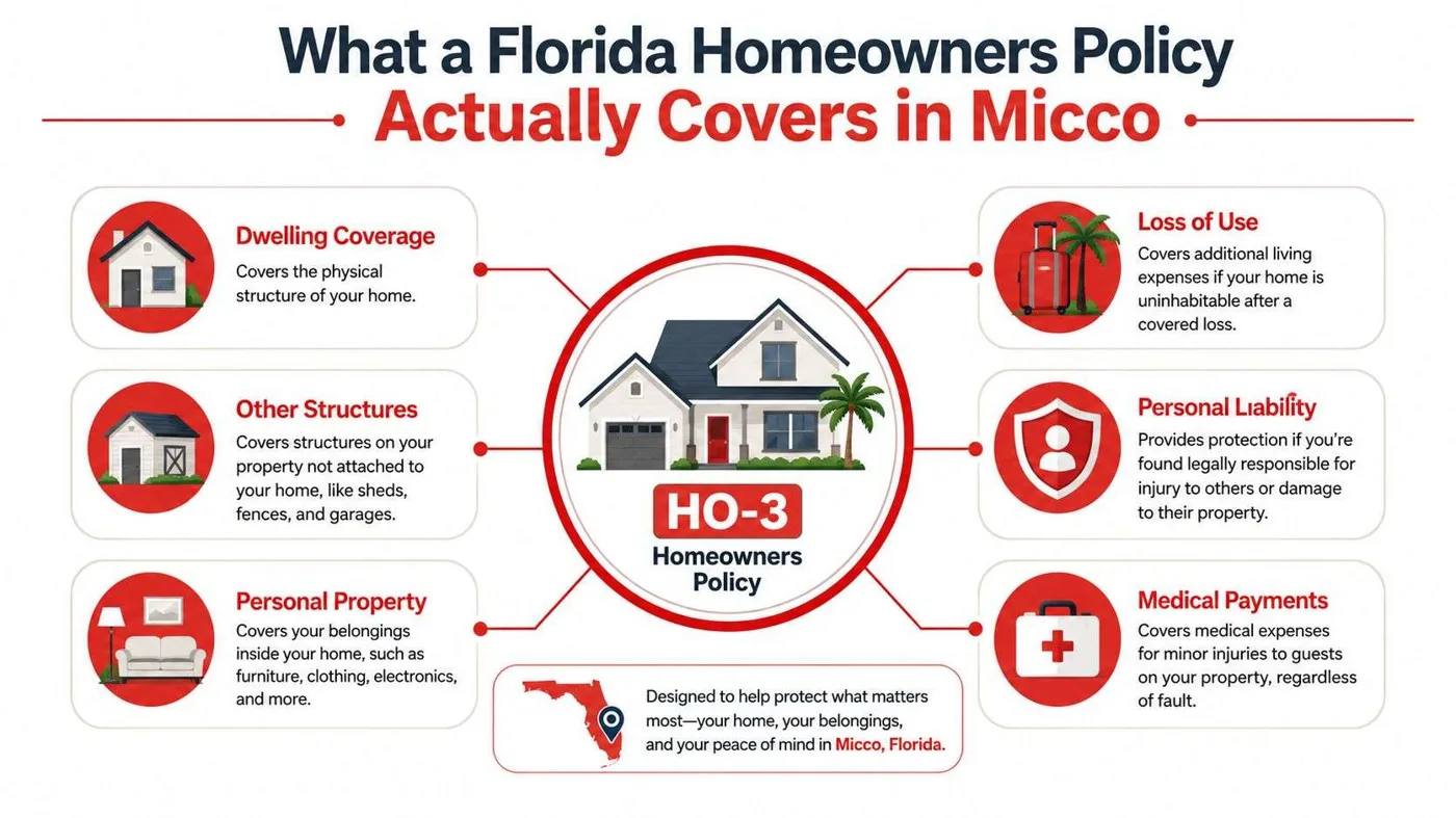 coastal home insurance in micco homeowners policy Coastal Home Insurance in Micco: A Florida Homeowner's Guide Micco homeowners should expect an annual premium around $4,558 for a standard HO-3 policy in 2026, with about 35% of homes sitting in significant flood zones. Coastal coverage works best when you treat it as two layers, wind and hurricane risk under the homeowners form, and flood under a separate policy. A diagram outlining the six coverage areas of an HO-3 homeowners insurance policy in Micco, Florida.