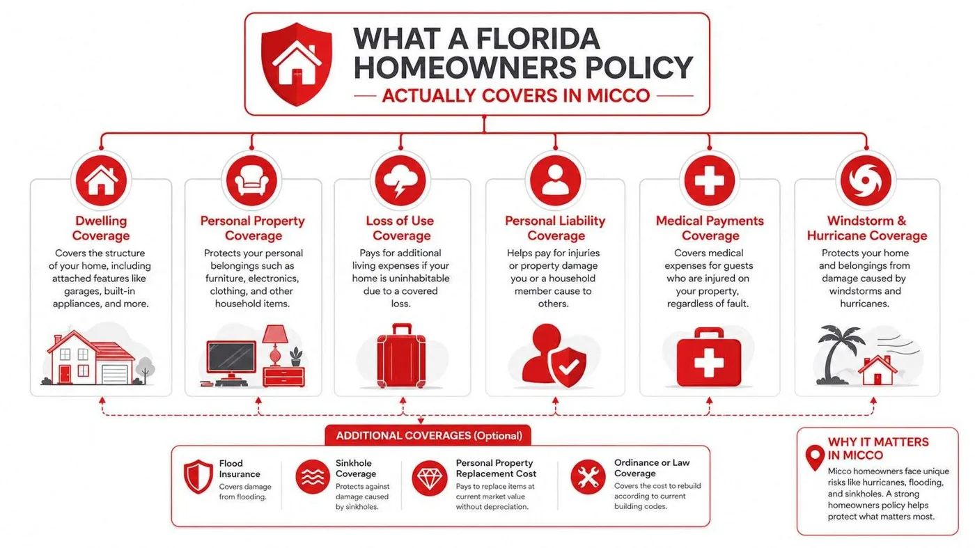 coastal home insurance in micco insurance coverage Coastal Home Insurance in Micco: A Florida Homeowner's Guide Micco homeowners should expect an annual premium around $4,558 for a standard HO-3 policy in 2026, with about 35% of homes sitting in significant flood zones. Coastal coverage works best when you treat it as two layers, wind and hurricane risk under the homeowners form, and flood under a separate policy. An infographic detailing the various coverage components of a typical Florida homeowners insurance policy in Micco.