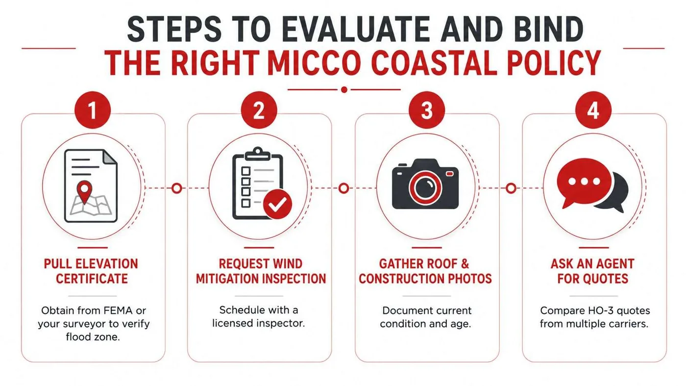 coastal home insurance in micco insurance steps Coastal Home Insurance in Micco: A Florida Homeowner's Guide Micco homeowners should expect an annual premium around $4,558 for a standard HO-3 policy in 2026, with about 35% of homes sitting in significant flood zones. Coastal coverage works best when you treat it as two layers, wind and hurricane risk under the homeowners form, and flood under a separate policy. A four-step infographic explaining how to evaluate and purchase coastal home insurance policies in Micco, Florida.