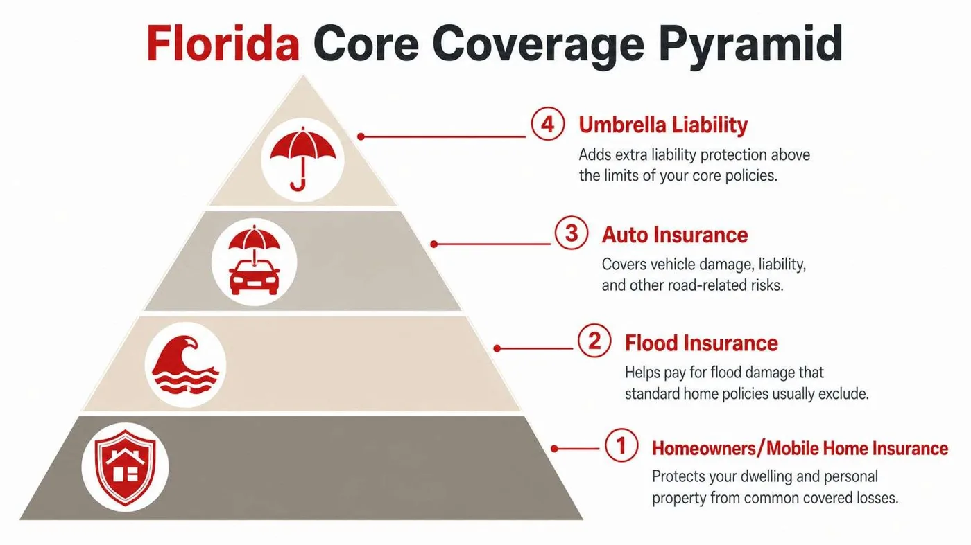 fl insurance pyramid Florida Insurance Guide: Coverage, Claims, and Local Help Hurricane season has a way of making Florida homeowners look twice at the same stack of papers. A roof can be ready, shutters can be staged, and the mortgage payment can be current, but the key question is whether the policy in the file matches the risks outside the front door. In Florida, that question comes up in coastal neighborhoods, inland suburbs, condo buildings, and small businesses that all face different combinations of wind, rain, flood, and liability. A pyramid chart illustrating four layers of insurance coverage for residents living in the state of Florida.