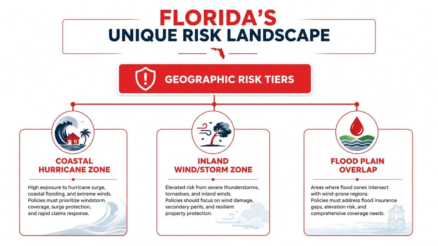 fl risk landscape Florida Insurance Guide: Coverage, Claims, and Local Help Hurricane season has a way of making Florida homeowners look twice at the same stack of papers. A roof can be ready, shutters can be staged, and the mortgage payment can be current, but the key question is whether the policy in the file matches the risks outside the front door. In Florida, that question comes up in coastal neighborhoods, inland suburbs, condo buildings, and small businesses that all face different combinations of wind, rain, flood, and liability. An infographic titled Florida's Unique Risk Landscape outlining geographic risk tiers for hurricanes, wind, and flooding.