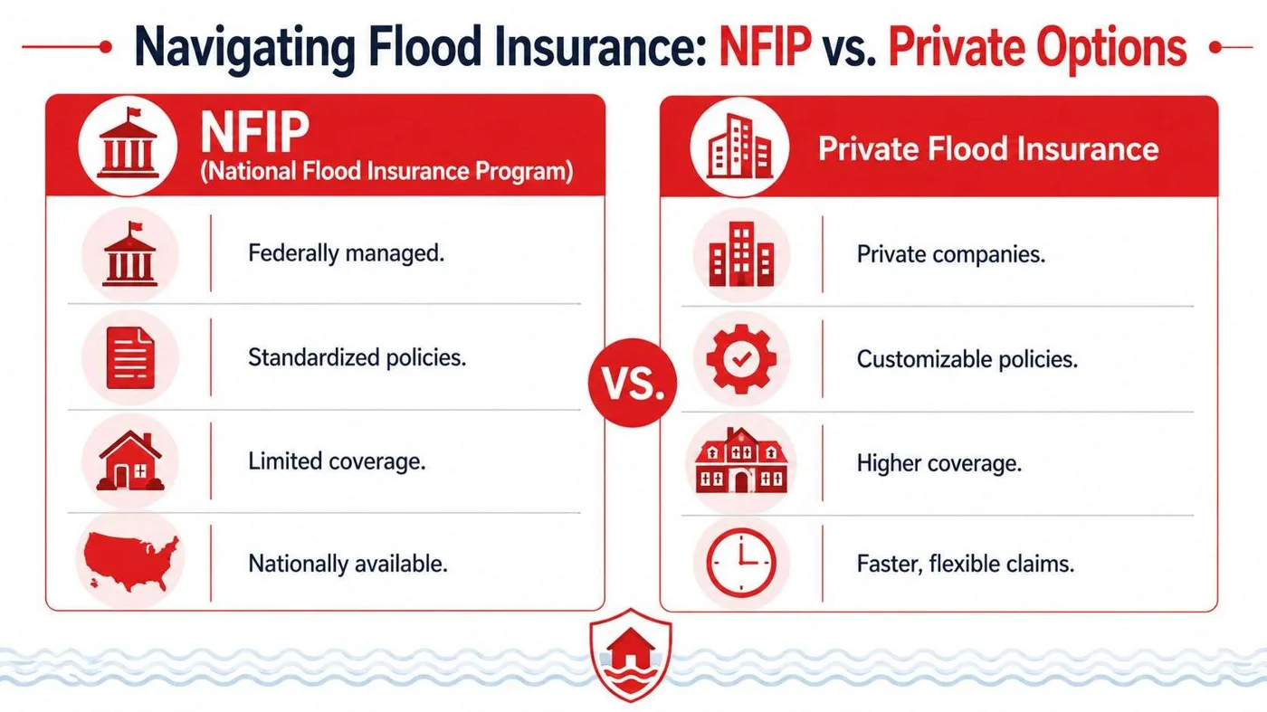 fl flood insurance comparison FL Insurance: Your 2026 Guide to Florida Coverage Image metadata: Title: Florida tropical beach header. Description: Tropical Florida shoreline with white sand, turquoise water, and palm tree under clear blue sky for a Florida insurance guide. Geo: Florida, USA. A comparison infographic between the National Flood Insurance Program and private flood insurance coverage options.