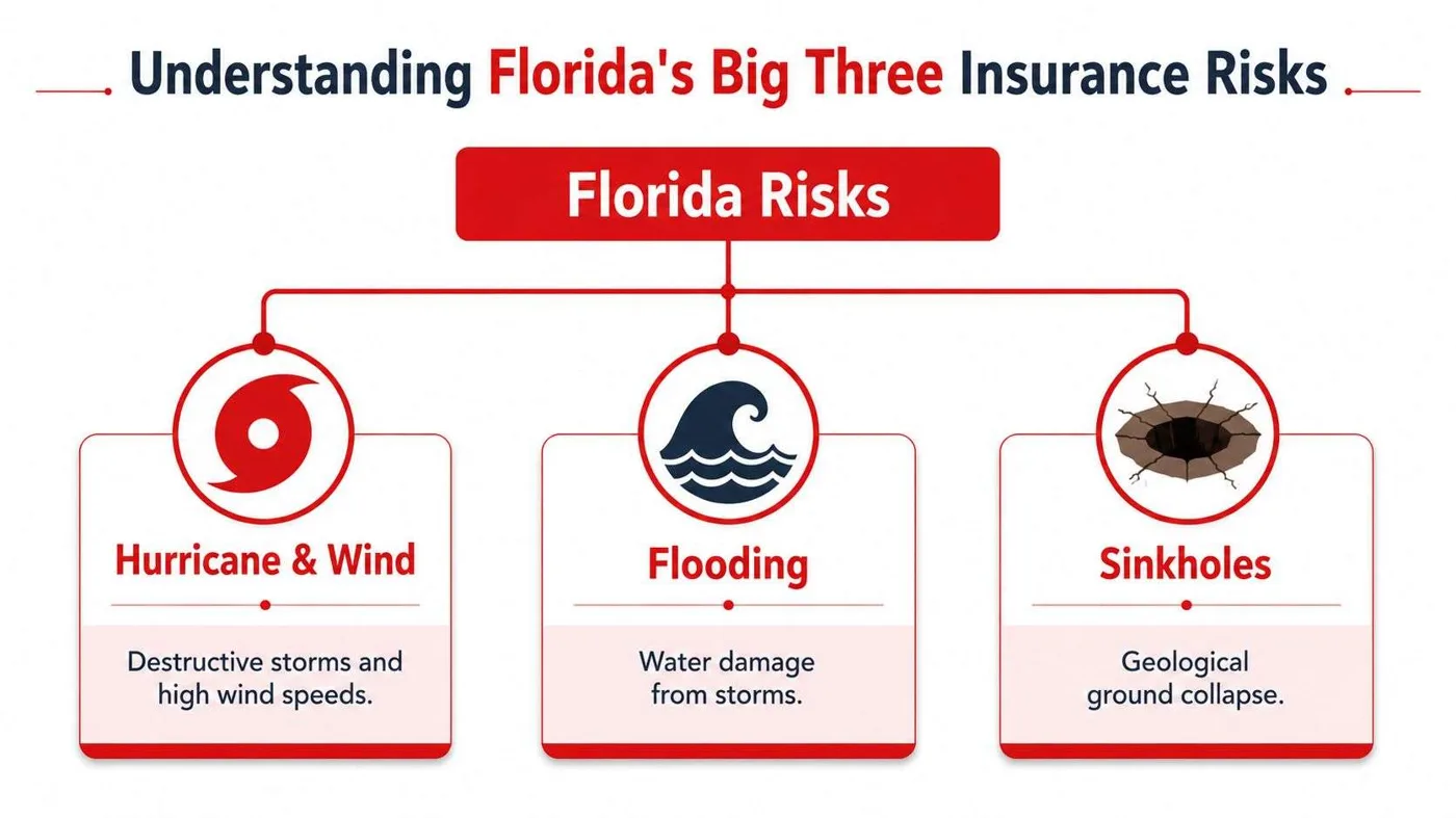 fl insurance risks 1 FL Insurance: Your 2026 Guide to Florida Coverage Image metadata: Title: Florida tropical beach header. Description: Tropical Florida shoreline with white sand, turquoise water, and palm tree under clear blue sky for a Florida insurance guide. Geo: Florida, USA. An infographic titled Florida Risks showing the three major insurance risks as hurricanes, flooding, and sinkholes.