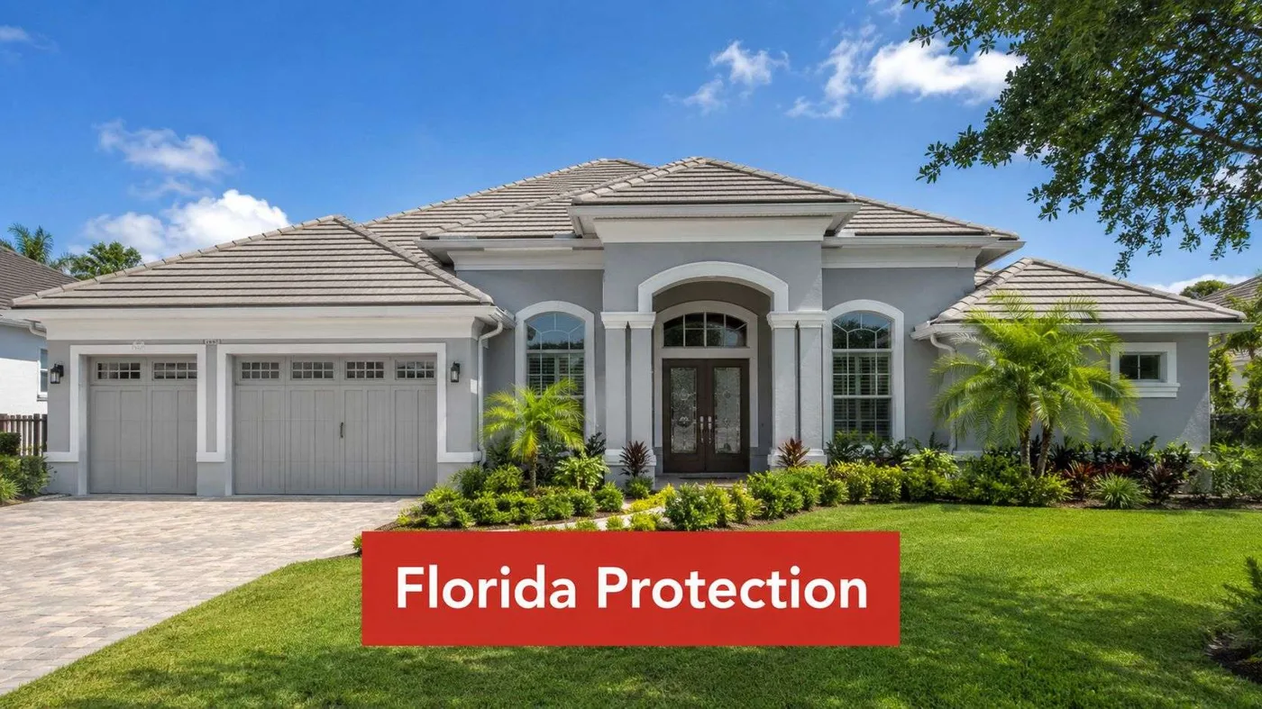 fl suburban home FL Insurance: Your 2026 Guide to Florida Coverage Image metadata: Title: Florida tropical beach header. Description: Tropical Florida shoreline with white sand, turquoise water, and palm tree under clear blue sky for a Florida insurance guide. Geo: Florida, USA. A luxurious single-story suburban house with a paved driveway, neatly manicured lawn, and lush green landscaping.