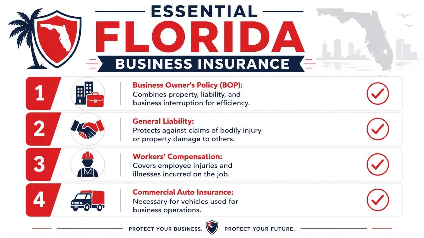 fl business insurance FL Insurance: Ultimate Guide 2026 Alt text: Florida homeowner reviewing insurance papers outside a homeTitle: Florida Insurance Guide for Homeowners and Business OwnersDescription: Header image for a Florida insurance survival guide covering home, auto, flood, business insurance, employee benefits, and claims strategy.Geo-tag: Newberry, Florida An infographic titled Essential Florida Business Insurance listing four key insurance types for business owners.