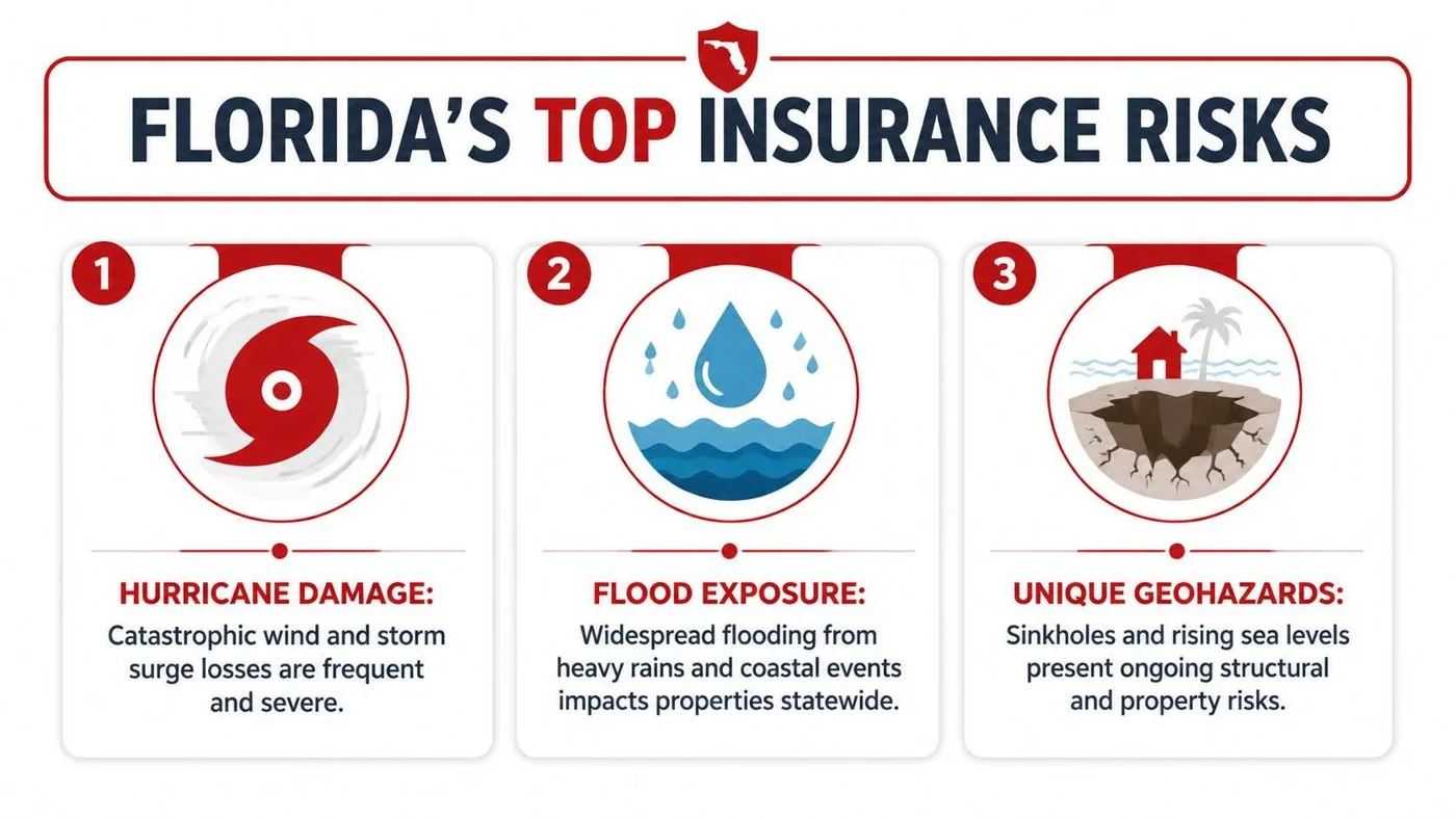 fl insurance risks 2 FL Insurance: Ultimate Guide 2026 Alt text: Florida homeowner reviewing insurance papers outside a homeTitle: Florida Insurance Guide for Homeowners and Business OwnersDescription: Header image for a Florida insurance survival guide covering home, auto, flood, business insurance, employee benefits, and claims strategy.Geo-tag: Newberry, Florida An infographic titled Florida's Top Insurance Risks, highlighting hurricanes, flooding, and geohazards as major concerns.