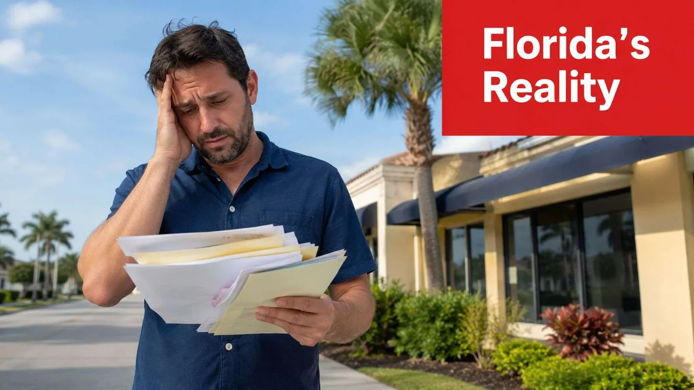 fl stressed man FL Insurance: Ultimate Guide 2026 Alt text: Florida homeowner reviewing insurance papers outside a homeTitle: Florida Insurance Guide for Homeowners and Business OwnersDescription: Header image for a Florida insurance survival guide covering home, auto, flood, business insurance, employee benefits, and claims strategy.Geo-tag: Newberry, Florida Florida homeowner reviewing insurance papers outside a home