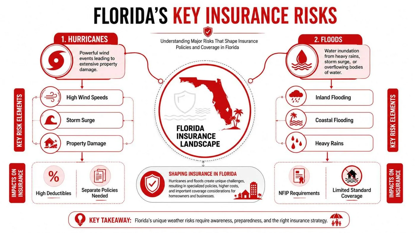 fl florida insurance risks 1 Your FL Insurance Guide: Home, Auto, and Business Title: Florida Insurance Guide for New ResidentsDescription: Practical guidance on Florida home, auto, business, and mobile home insurance, with special attention to flood risk, disclosure gaps, and local coverage decisions.Geo-tag: Gainesville, Florida An infographic titled Florida's Key Insurance Risks illustrating how hurricanes and floods impact local insurance coverage.