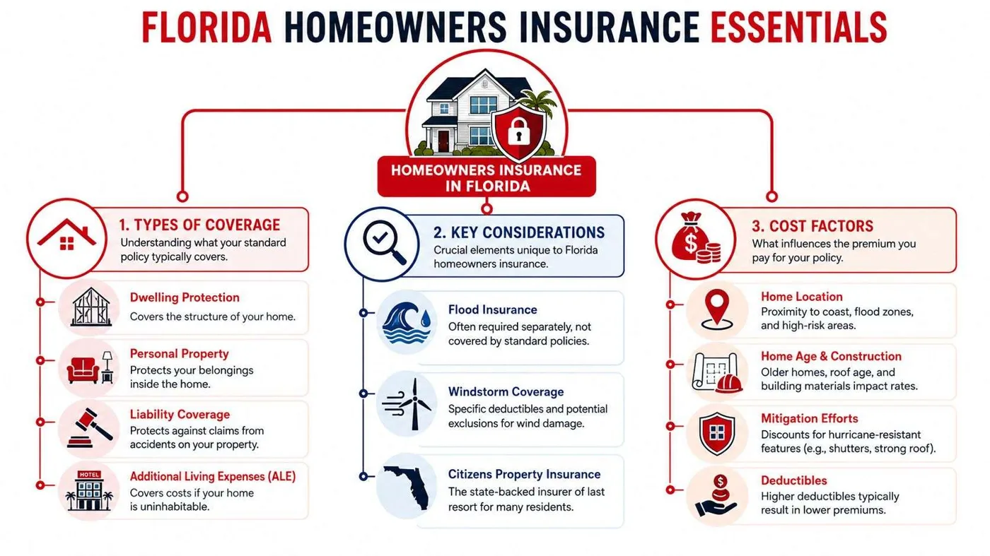 fl homeowners insurance Your FL Insurance Guide: Home, Auto, and Business Title: Florida Insurance Guide for New ResidentsDescription: Practical guidance on Florida home, auto, business, and mobile home insurance, with special attention to flood risk, disclosure gaps, and local coverage decisions.Geo-tag: Gainesville, Florida An infographic detailing essentials of Florida homeowners insurance including coverage types, key considerations, and premium cost factors.