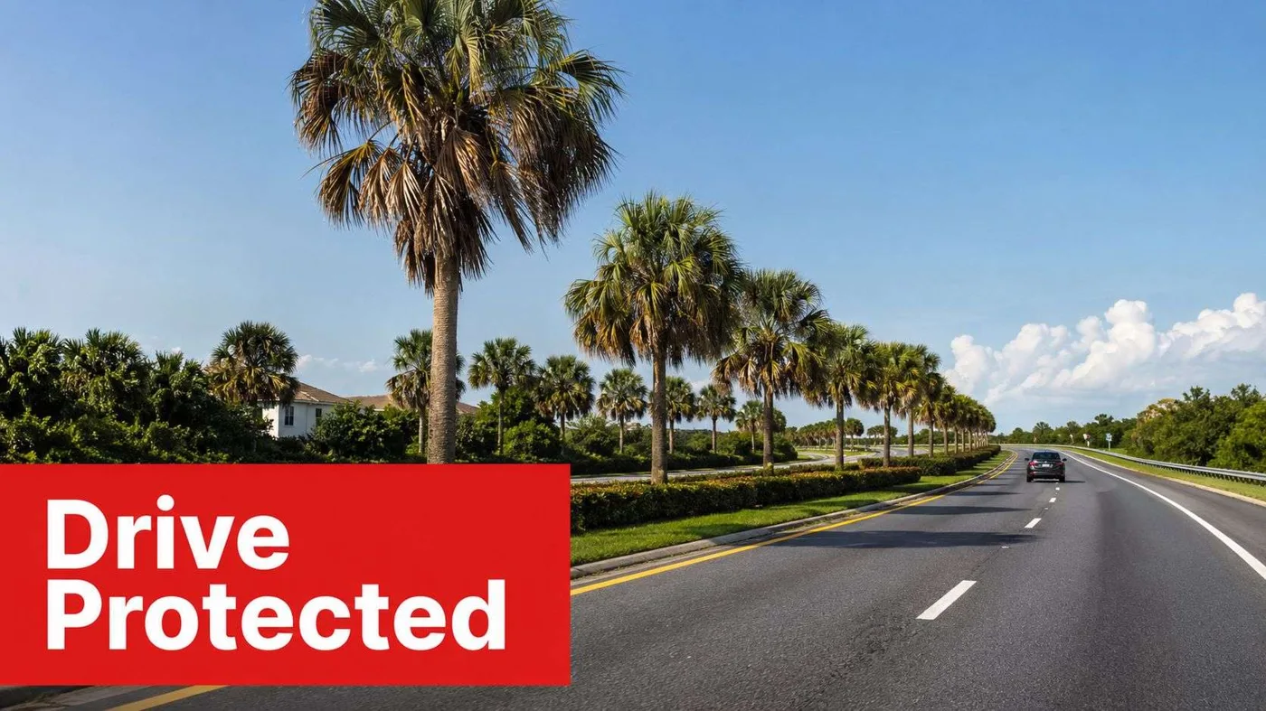 fl scenic road Your FL Insurance Guide: Home, Auto, and Business Title: Florida Insurance Guide for New ResidentsDescription: Practical guidance on Florida home, auto, business, and mobile home insurance, with special attention to flood risk, disclosure gaps, and local coverage decisions.Geo-tag: Gainesville, Florida A scenic road lined with palm trees under a bright blue sky with a car driving.