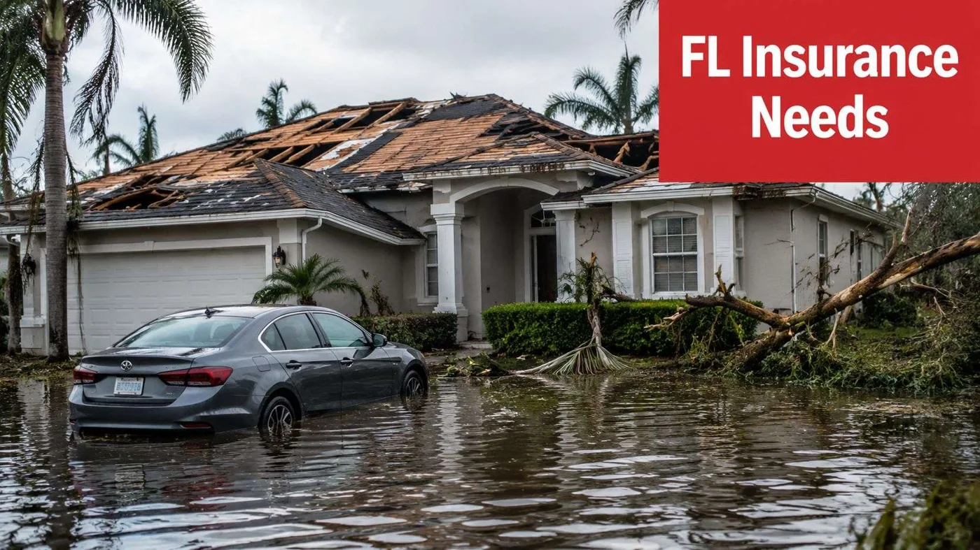 fl flood damage Schneider & Associates: Your FL Insurance Partner Image metadata: Title: Florida storm damage and flood loss scene. Description: A Florida home with major roof damage surrounded by floodwater, with a vehicle partly submerged after a severe storm. Geo-tag: Micco, Florida. A damaged residential house with a roof destroyed by a storm, sitting in deep floodwater with a car.