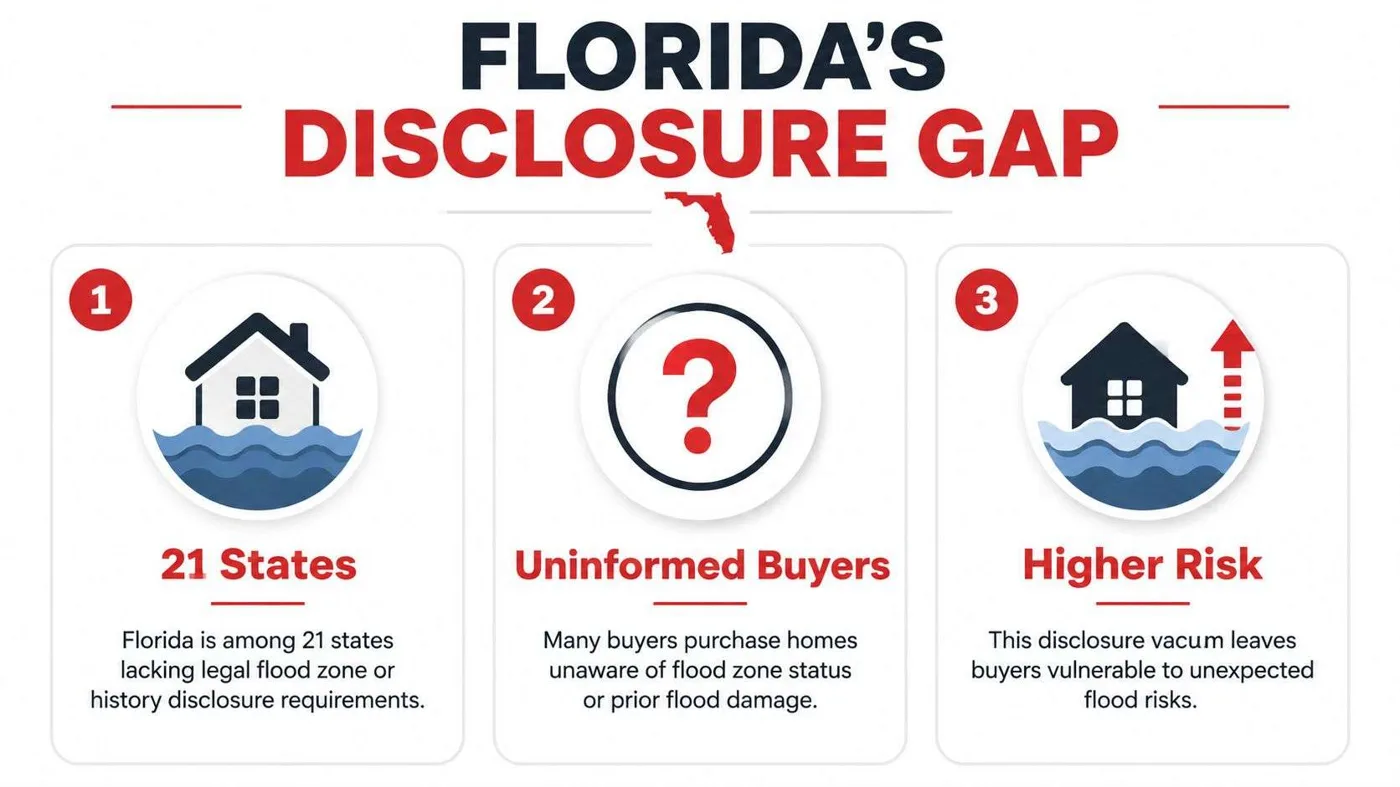 fl flood disclosure Schneider & Associates: Your FL Insurance Partner Image metadata: Title: Florida storm damage and flood loss scene. Description: A Florida home with major roof damage surrounded by floodwater, with a vehicle partly submerged after a severe storm. Geo-tag: Micco, Florida. An infographic showing that Florida lacks mandatory flood risk disclosure requirements for home buyers and real estate.