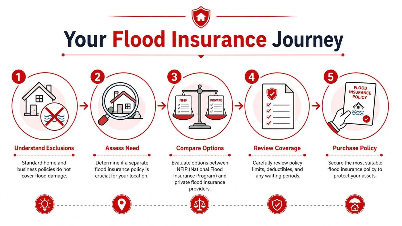 fl flood insurance journey Schneider & Associates: Your FL Insurance Partner Image metadata: Title: Florida storm damage and flood loss scene. Description: A Florida home with major roof damage surrounded by floodwater, with a vehicle partly submerged after a severe storm. Geo-tag: Micco, Florida. A five-step infographic showing the process of obtaining flood insurance, from understanding exclusions to purchasing a policy.