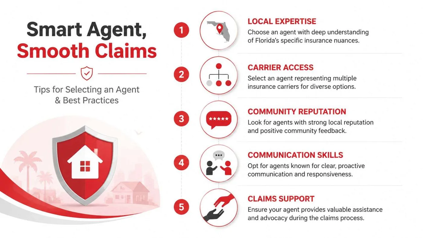 fl insurance agent tips Schneider & Associates: Your FL Insurance Partner Image metadata: Title: Florida storm damage and flood loss scene. Description: A Florida home with major roof damage surrounded by floodwater, with a vehicle partly submerged after a severe storm. Geo-tag: Micco, Florida. An infographic titled Smart Agent, Smooth Claims providing five essential tips for selecting a reliable insurance agent.