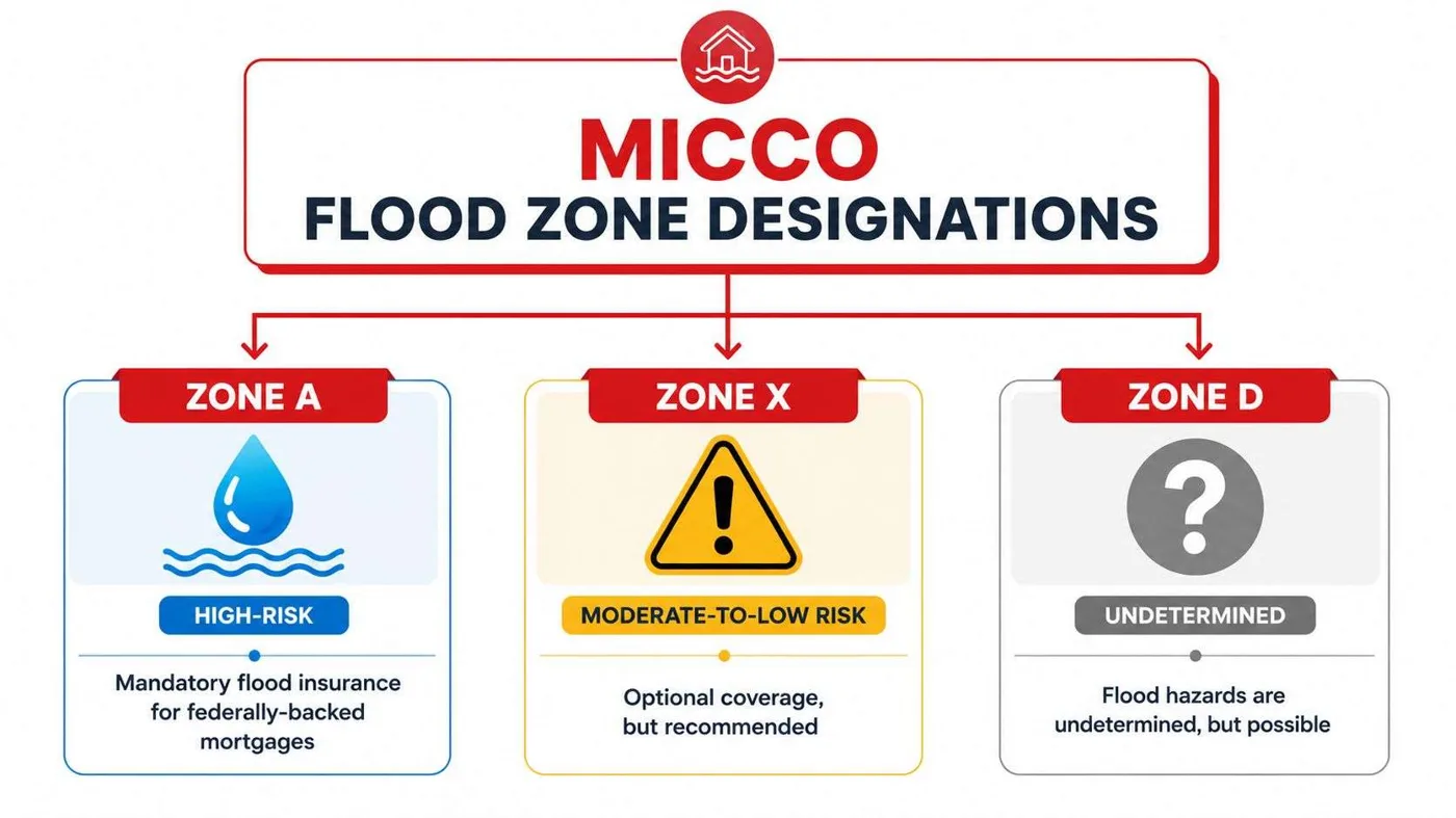 A visual guide illustrating Micco flood zone designations, categorizing areas into high risk, moderate-to-low risk, and undetermined.