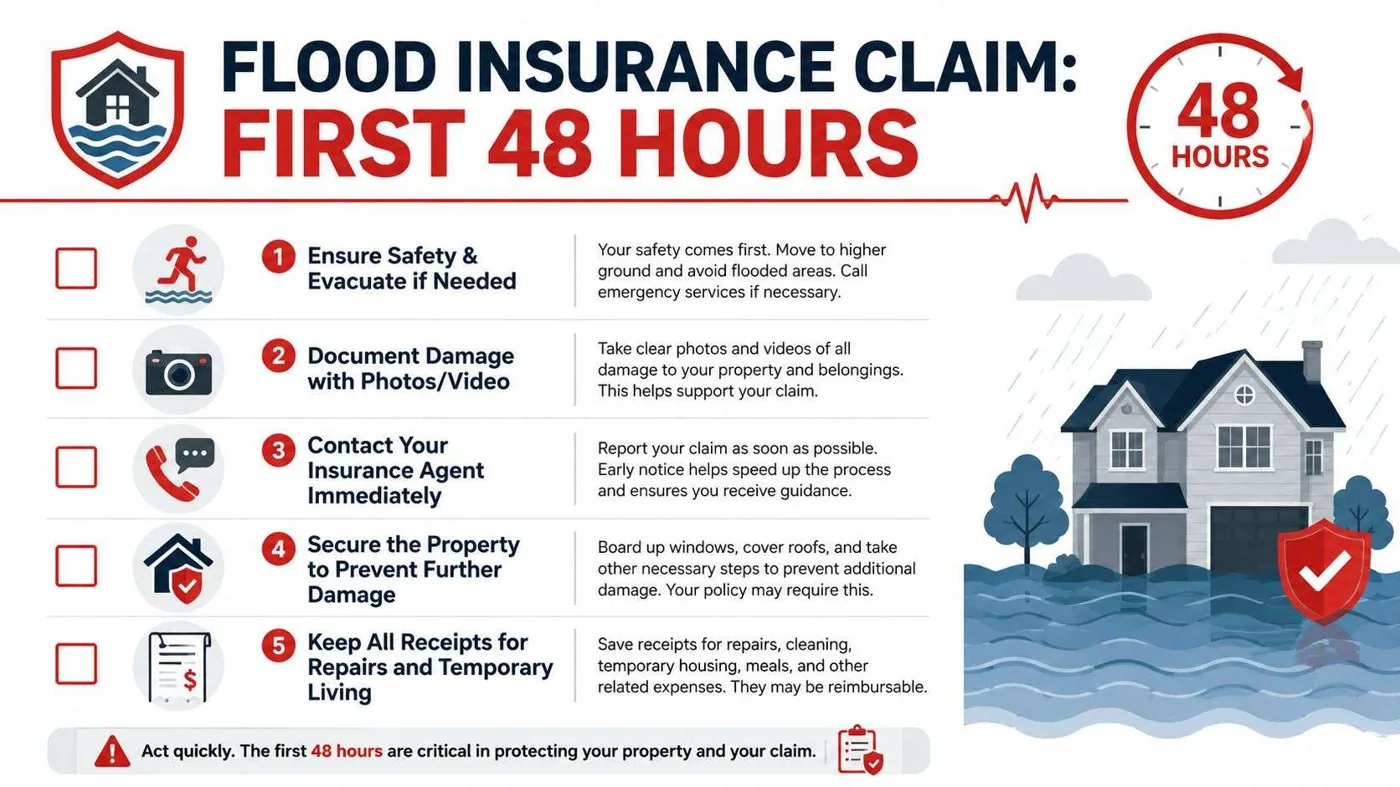 An infographic detailing five critical steps for filing a flood insurance claim within the first 48 hours.