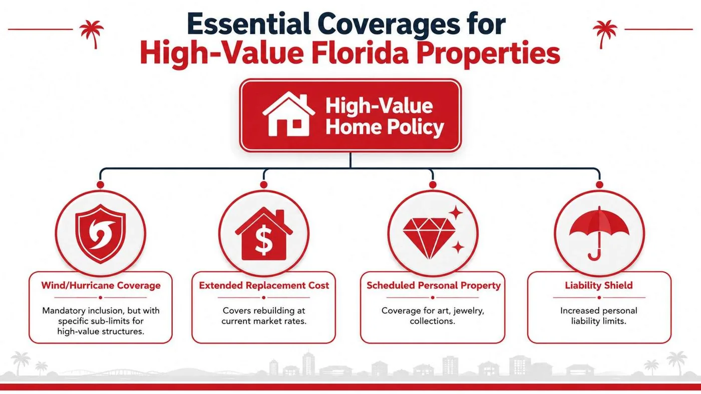 An infographic detailing essential insurance coverage types for high-value properties in Florida, including hurricane and liability protections.