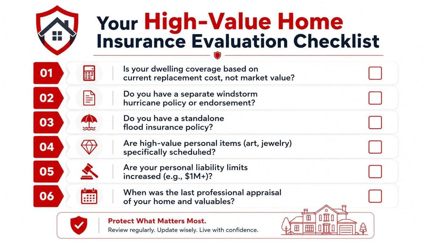 A checklist for evaluating high-value home insurance coverage, covering replacement costs, windstorm, flood, and personal liability.