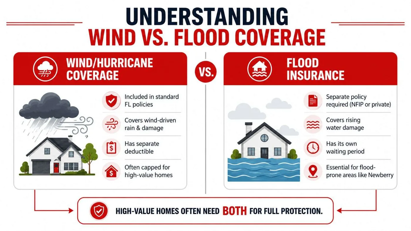 An infographic comparing wind and hurricane coverage versus flood insurance for homes in Florida.