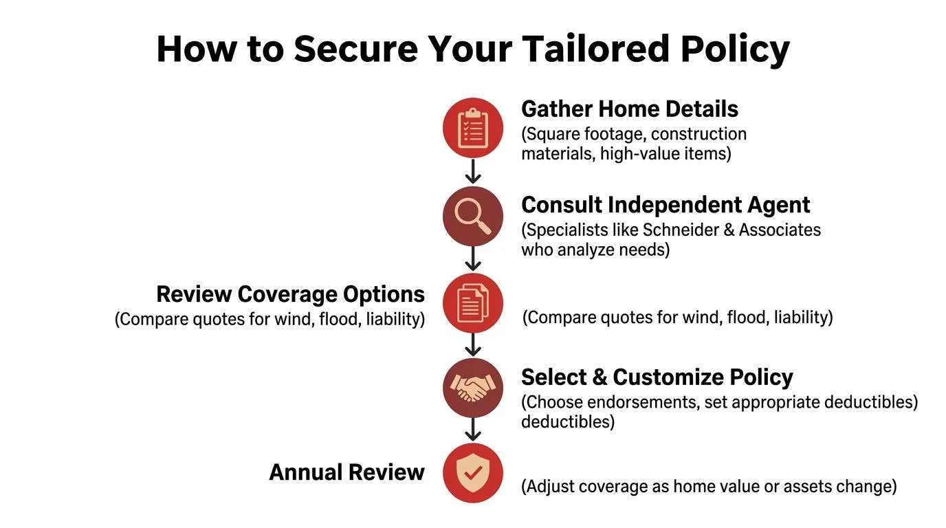 A flow chart showing steps to secure a tailored home insurance policy from gathering details to annual reviews.