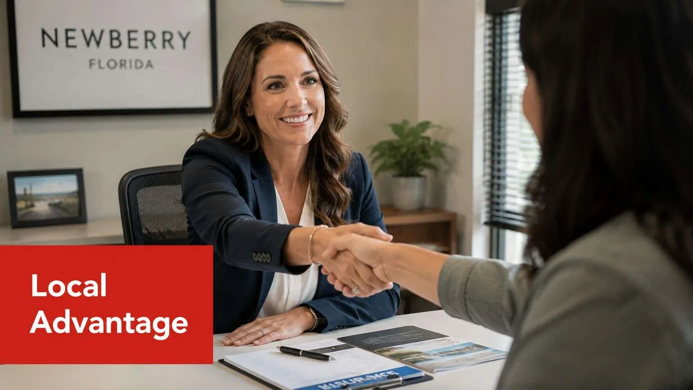 home insurance agency in newberry handshake Choosing a Home Insurance Agency in Newberry: A 2026 Guide Title: Choosing a Home Insurance Agency in Newberry: A 2026 GuideDescription: Practical Florida guidance for choosing a home insurance agency in Newberry, understanding policy gaps, managing wind and flood risk, and improving claim readiness.Geo: Newberry, Florida, United States A professional woman in a suit shakes hands with a client in a modern office in Newberry.