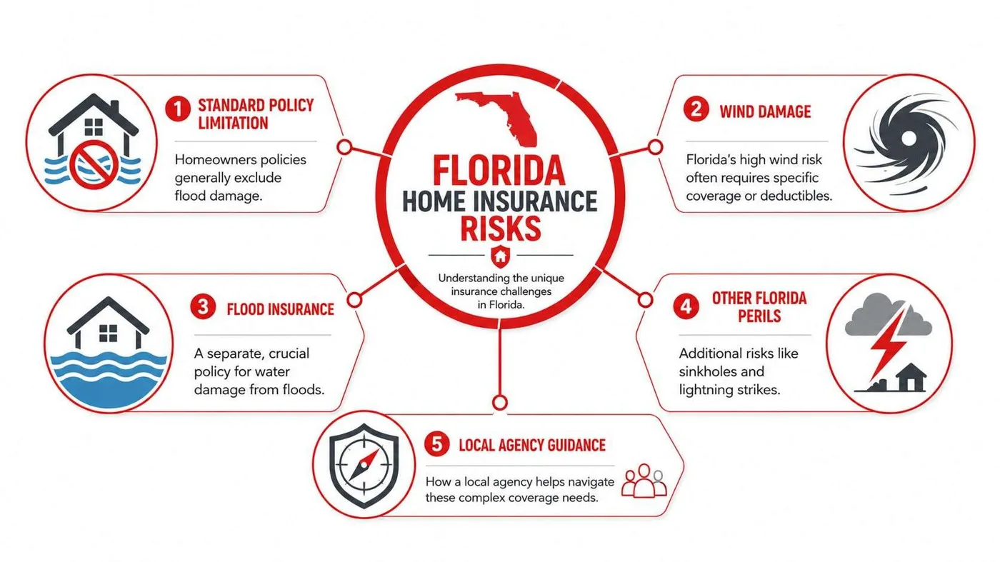 home insurance agency in newberry insurance risks Choosing a Home Insurance Agency in Newberry: A 2026 Guide Title: Choosing a Home Insurance Agency in Newberry: A 2026 GuideDescription: Practical Florida guidance for choosing a home insurance agency in Newberry, understanding policy gaps, managing wind and flood risk, and improving claim readiness.Geo: Newberry, Florida, United States An infographic detailing five critical home insurance risks and coverage considerations for homeowners living in Florida.