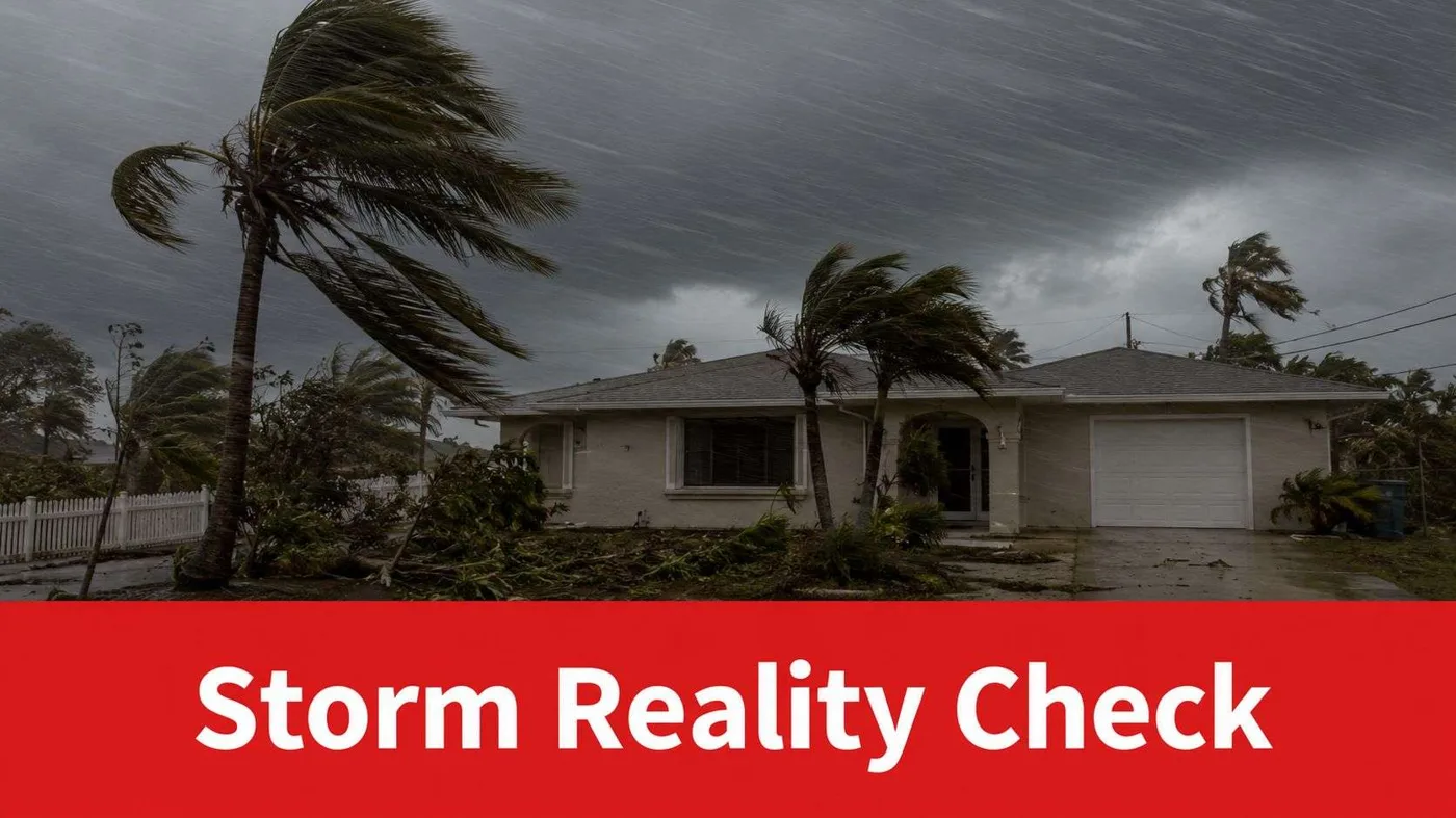 A house being hit by strong winds and heavy rain during a severe hurricane storm.
