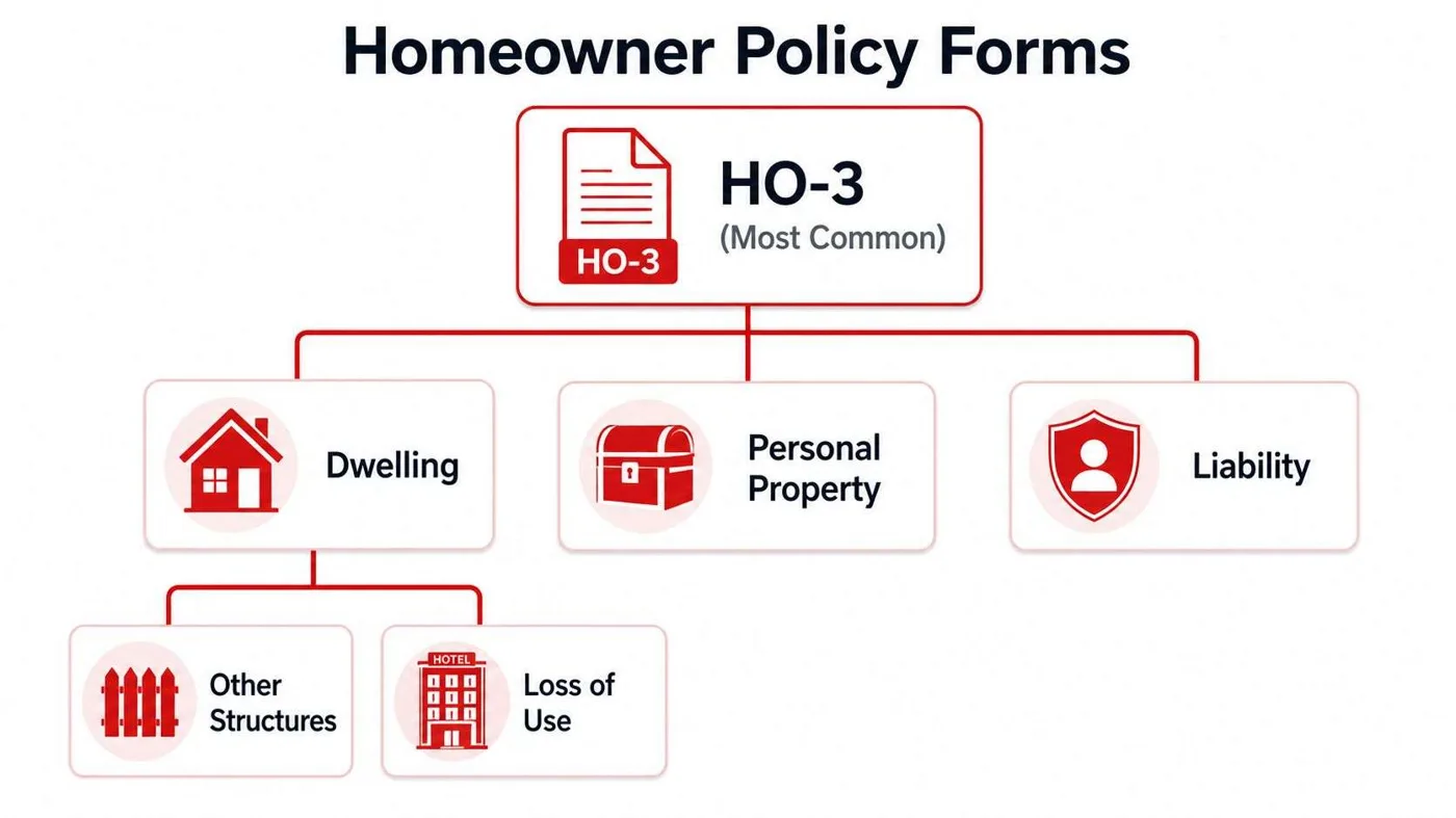 A diagram illustrating the coverage components of an HO-3 homeowner insurance policy including dwelling, property, and liability.