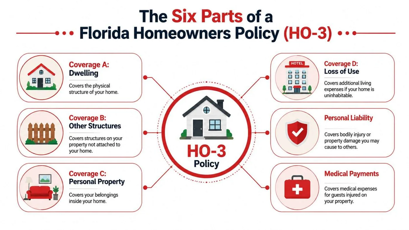 An infographic detailing the six components of a Florida HO-3 homeowners insurance policy including various coverages.