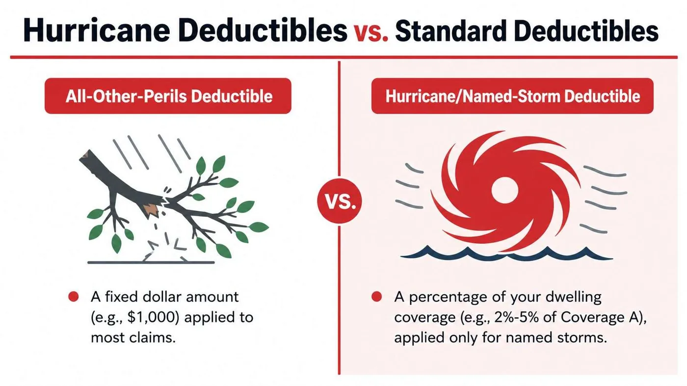 A comparison chart showing the difference between standard fixed dollar deductibles and percentage-based hurricane deductibles for insurance.