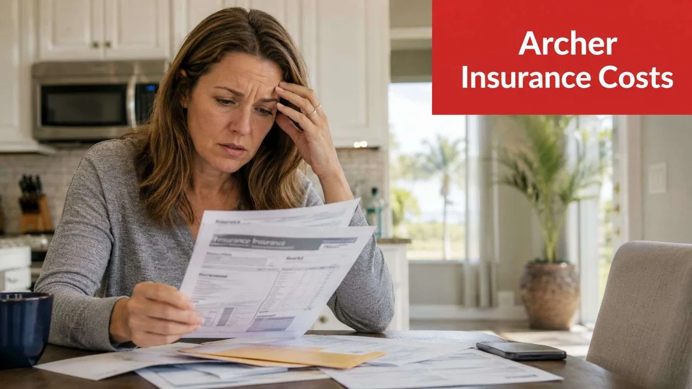 A concerned woman sitting at a table in her home reviewing insurance paperwork and bills.