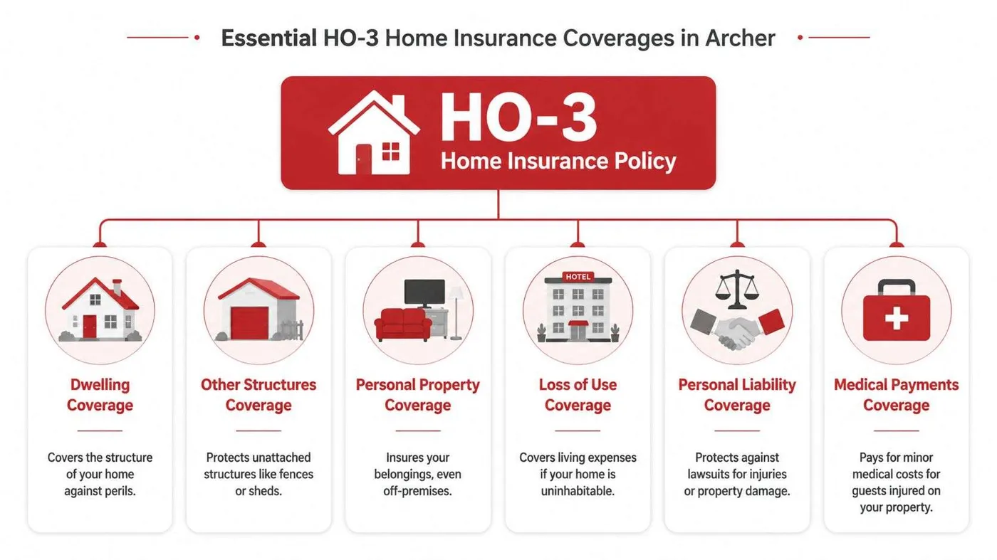 A diagram outlining the six essential coverage components included in an HO-3 homeowners insurance policy in Archer.