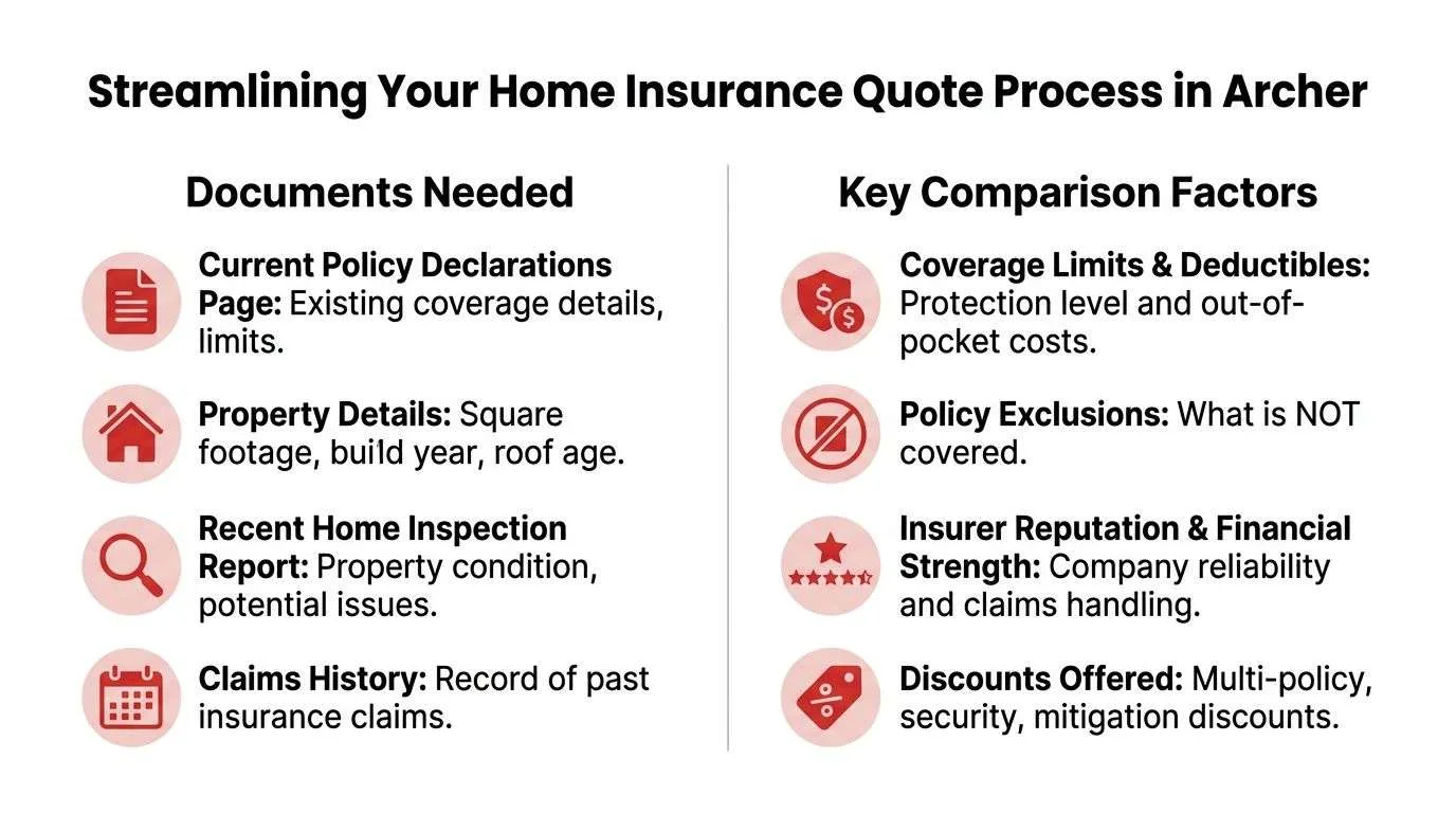 A guide listing documents needed and key factors for comparing home insurance quotes in Archer.