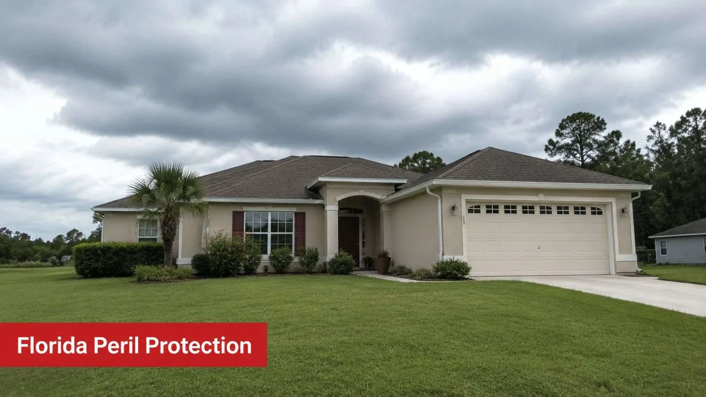 A beige single-story house with a garage and green lawn under a cloudy sky in Florida.