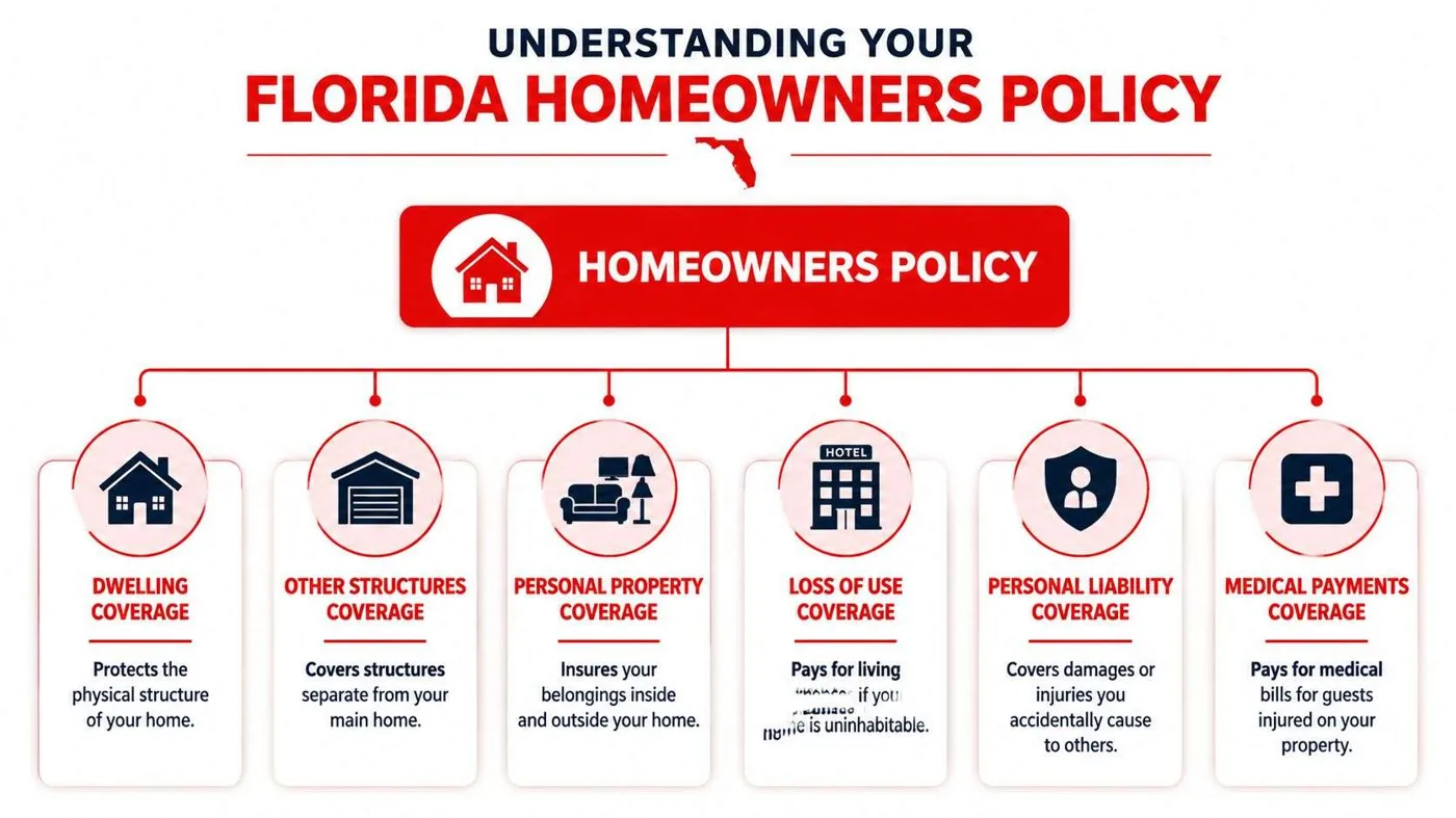homeowners insurance near jonesville homeowners policy Homeowners Insurance Near Jonesville: 2026 Guide The good news is that Homeowners Insurance Near Jonesville usually comes down to a set of specific trade-offs you can manage. Your roof, your construction type, your flood exposure, and the carrier you choose matter far more than is often understood. Once you understand those moving parts, the market becomes a lot less mysterious. A diagram illustrating the six core components of a Florida homeowners insurance policy, including coverage types.