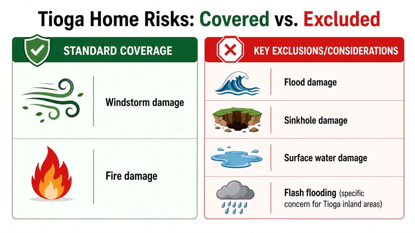 homeowners insurance near tioga home risks Homeowners Insurance Near Tioga Guide for Local Homeowners That moment is why so many homeowners start looking more closely at Homeowners Insurance Near Tioga. The confusing part isn't just price. It's knowing which water damage counts, which doesn't, when wind is covered, and why two homes in the same general area can get very different quotes. A chart comparing Tioga home insurance coverage, detailing included risks like fire and windstorm versus excluded risks.