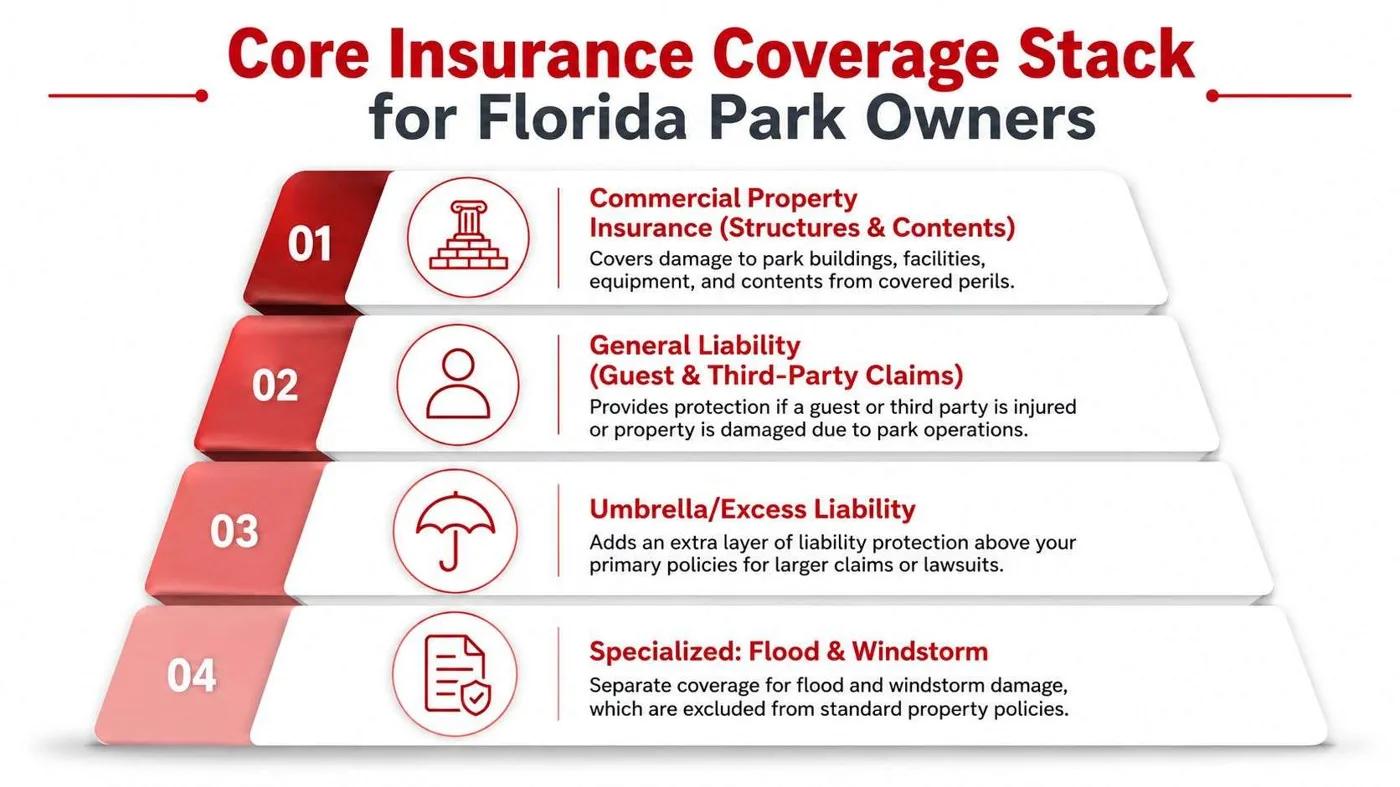 mobile home park insurance florida insurance stack Mobile Home Park Insurance Florida: 2026 Guide You're probably staring at a quote that looks expensive, a lease file that needs a flood disclosure, and a park that still has residents asking who's responsible when a storm drops a limb on a carport. That's the reality of mobile home park insurance Florida owners deal with. The mistake is treating the park like vacant land or a simple apartment parcel. A Florida mobile home park is a living residential community with roads, utilities, common areas, amenities, and real liability exposure every time a resident, guest, or contractor steps onto the property. A diagram outlining the four core types of insurance coverage necessary for Florida park owners.