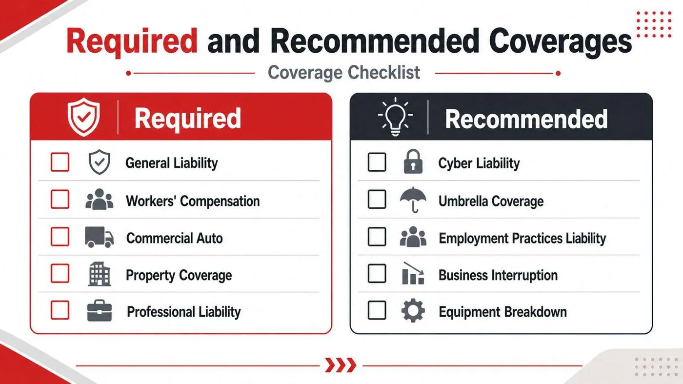 A checklist chart displaying required and recommended business insurance coverages for professional entities and organizations.