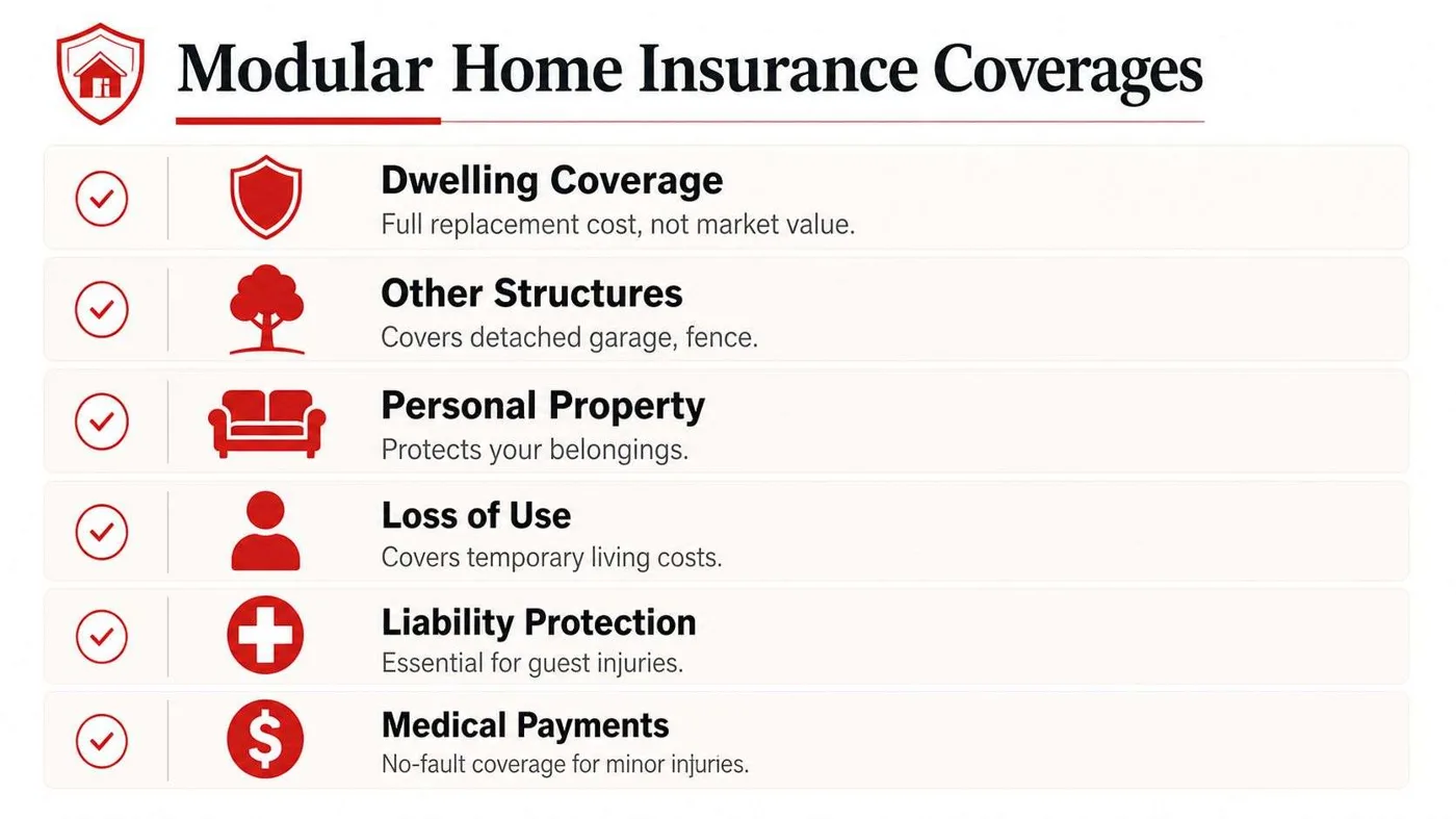 A list of essential insurance coverage types for modular homeowners, including dwelling, property, and liability protection.