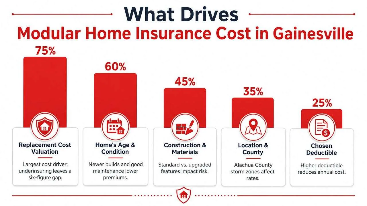 A bar chart showing the factors affecting modular home insurance costs in Gainesville, Florida, ranked by percentage.