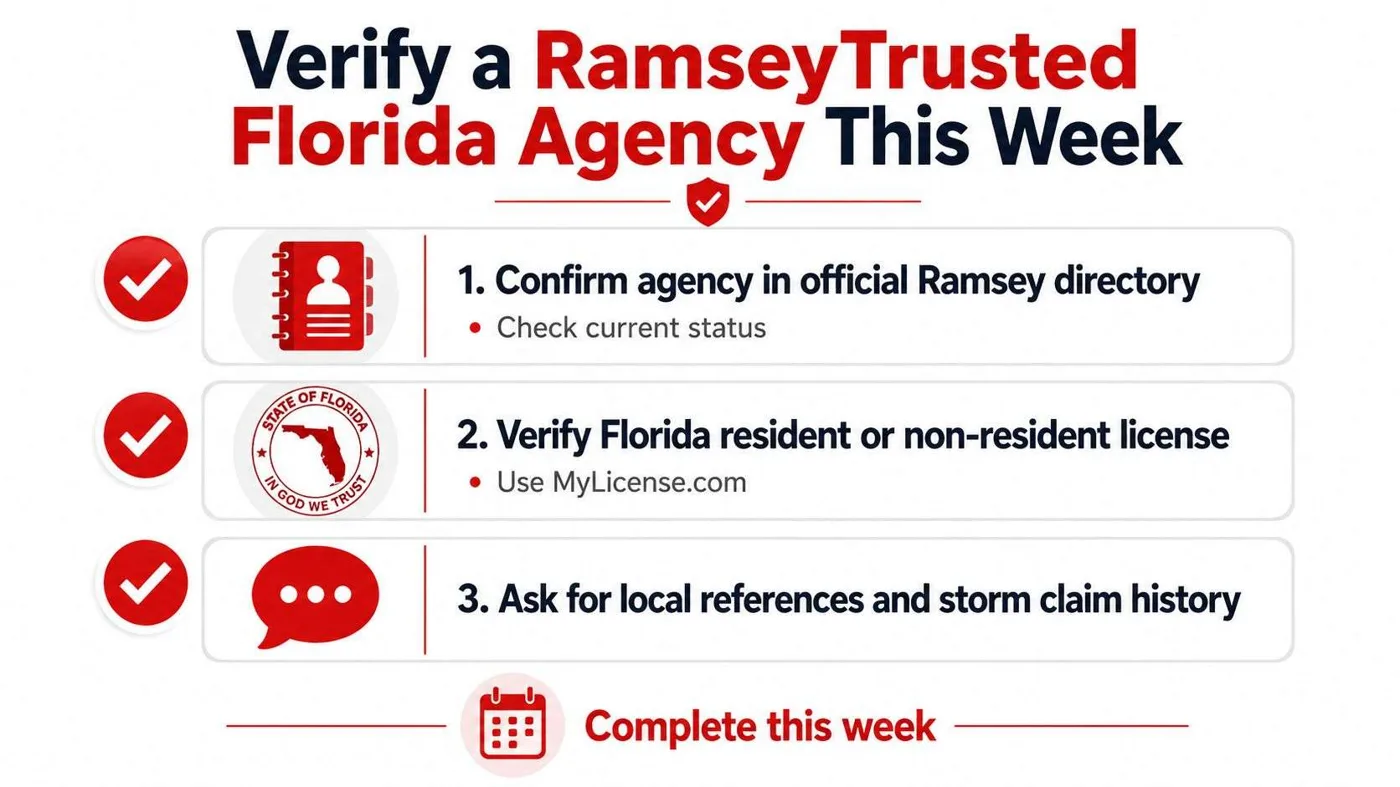 A checklist for verifying a RamseyTrusted insurance agency in Florida featuring three essential validation steps.