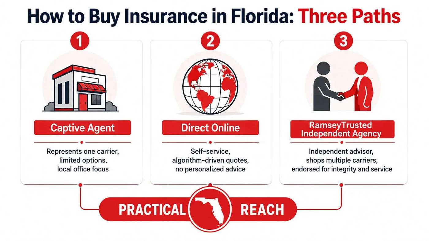An infographic titled How to Buy Insurance in Florida showing three paths: captive agent, direct online, and independent agency.