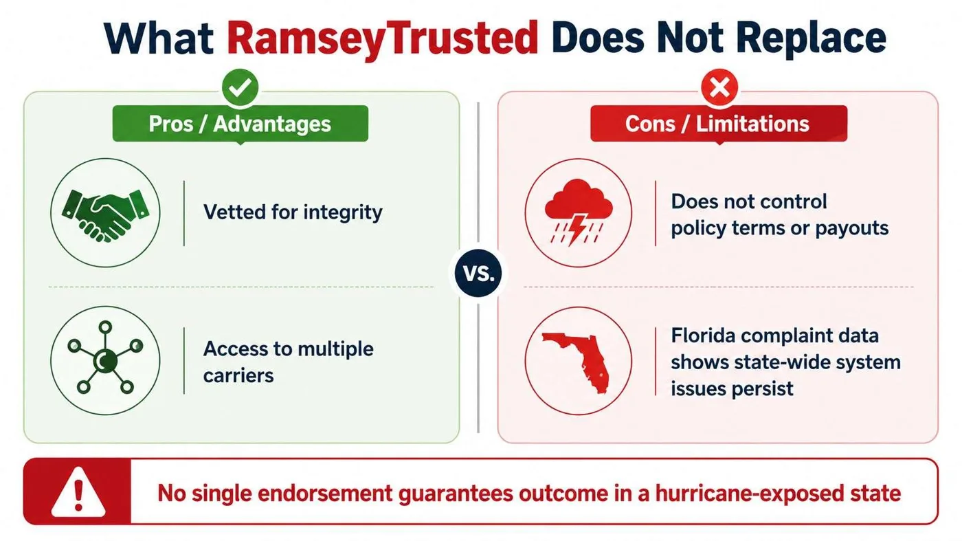 A comparison chart showing the pros and cons of using RamseyTrusted for insurance services in Florida.