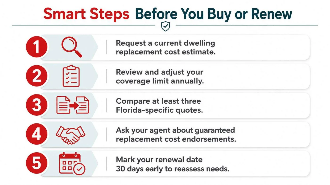 replacement cost coverage for mobile homes home insurance Replacement Cost Coverage for Mobile Homes in Florida Replacement cost coverage for mobile homes in Florida typically rebuilds the structure at today's prices without deducting depreciation, usually costs about 20% more than actual cash value, and is most accessible for homes 25 years old or newer. If your place took wind damage, that difference can be the gap between a repairable loss and a payout that leaves you short on the rebuild. An infographic titled Smart Steps Before You Buy or Renew listing five tips for homeowners insurance.