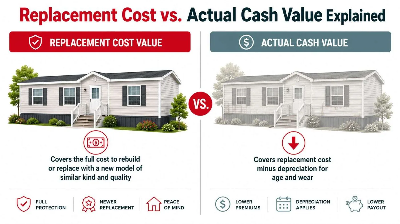 replacement cost coverage for mobile homes insurance comparison Replacement Cost Coverage for Mobile Homes in Florida Replacement cost coverage for mobile homes in Florida typically rebuilds the structure at today's prices without deducting depreciation, usually costs about 20% more than actual cash value, and is most accessible for homes 25 years old or newer. If your place took wind damage, that difference can be the gap between a repairable loss and a payout that leaves you short on the rebuild. An infographic illustrating the difference between replacement cost and actual cash value for insurance coverage.